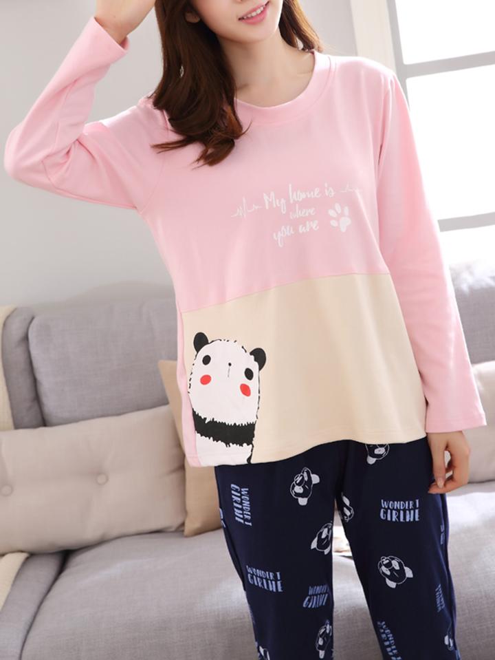 Romwe Bear Print Colorblock Tee & Pants Pj Set