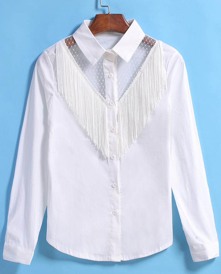 Romwe Lapel Sheer Mesh Insert With Tassel White Blouse