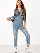 Romwe Blue Strap Ripped Overall Jeans With Pocket
