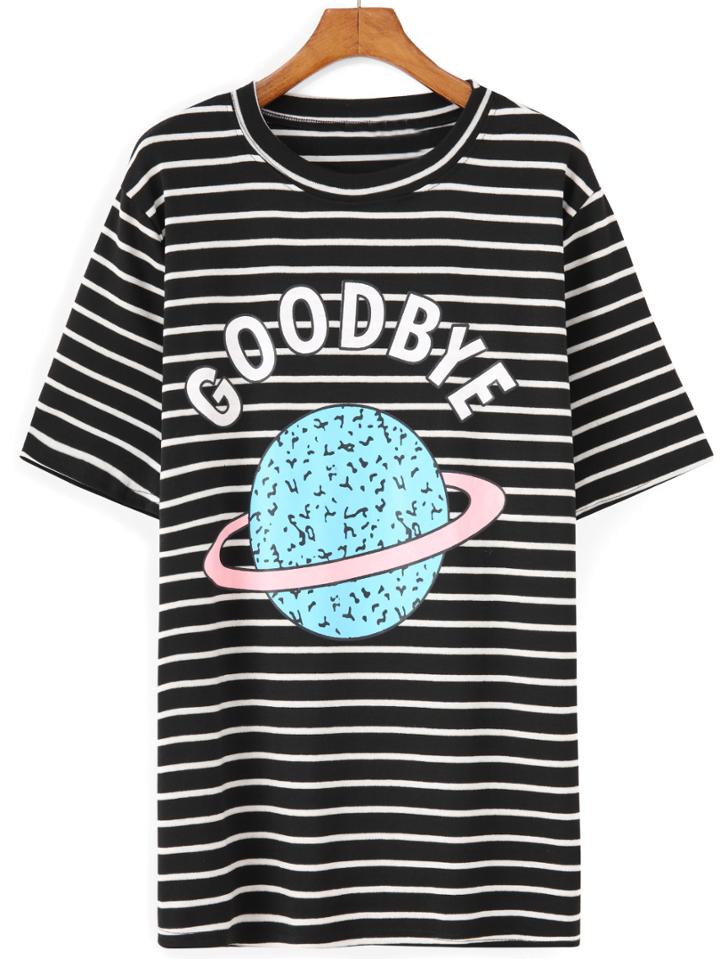 Romwe Striped Earth Print Long T-shirt
