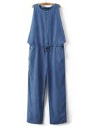 Romwe Blue Sleeveless Elastic Waist Cutout Denim Overalls