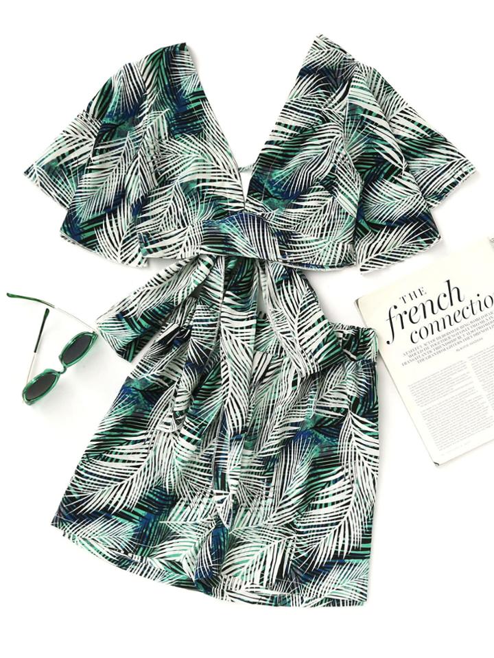 Romwe Plunging V-neckline Leaf Print Bow Tie Back Crop Top With Shorts