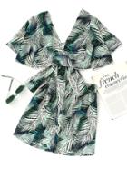Romwe Plunging V-neckline Leaf Print Bow Tie Back Crop Top With Shorts
