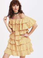 Romwe Yellow Checkered Layered Ruffle Off The Shoulder Dress