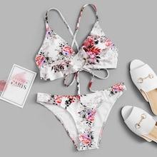 Romwe Random Floral Ruffle Criss Cross Bikini Set