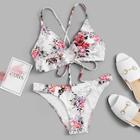 Romwe Random Floral Ruffle Criss Cross Bikini Set