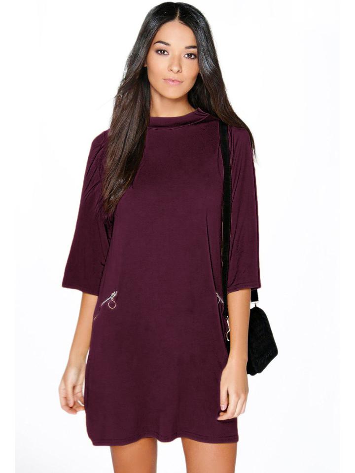 Romwe Wine Red Crew Neck Shift Dress