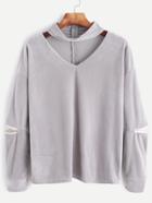 Romwe Grey Cutout Zipper Detail Velvet Sweatshirt