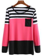 Romwe Color-block Striped T-shirt With Pocket