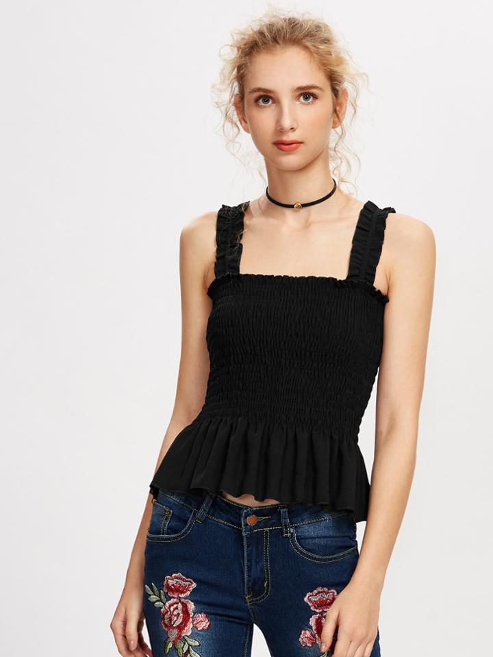 Romwe Frill Trim Shirred Tank Top