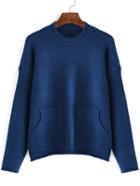 Romwe Crew Neck Blue Sweater With Pockets
