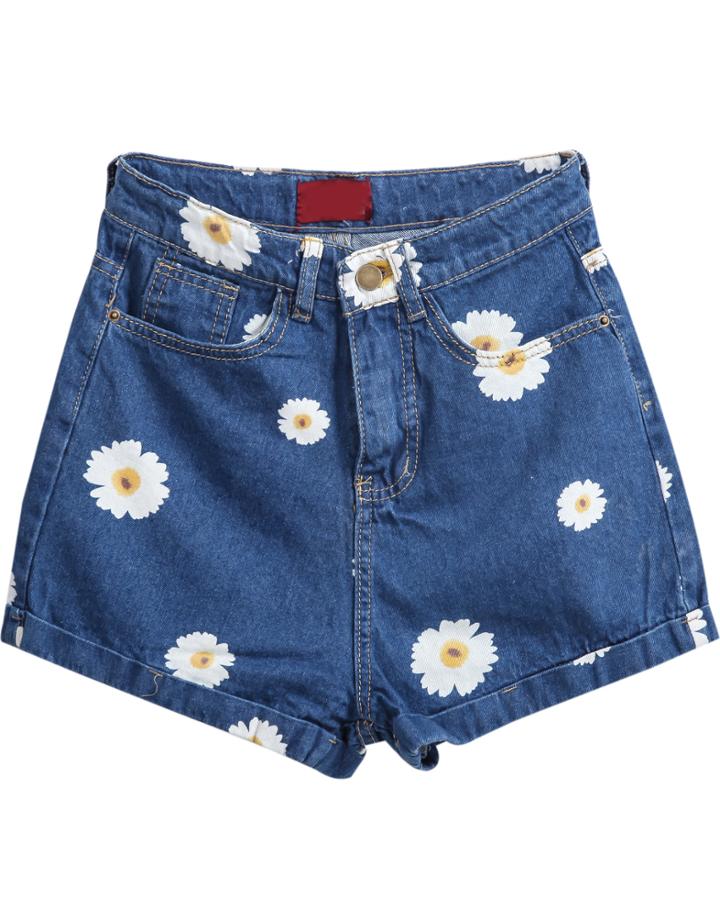 Romwe Pockets Daisy Print Denim Shorts