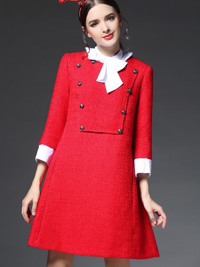 Romwe Red Round Neck Length Sleeve Bow-tie Pockets Dress
