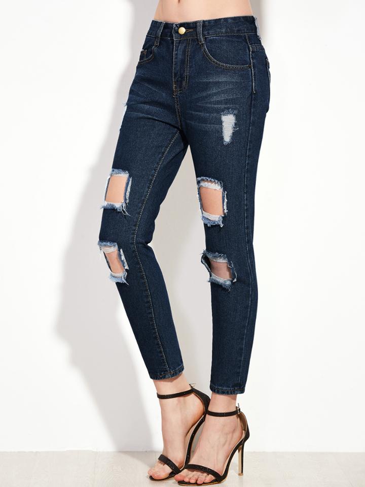 Romwe Blue Ripped Boyfriend Denim Pants