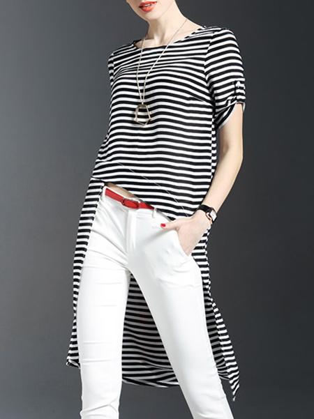 Romwe Black White Striped High Low Blouse