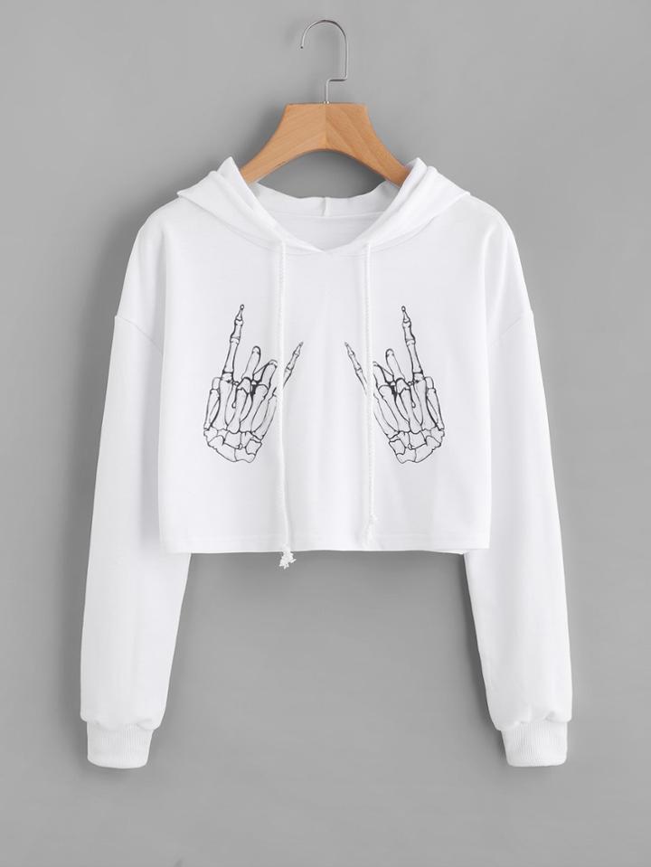 Romwe Drop Shoulder Skeleton Hands Printed Crop Hoodie