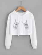 Romwe Drop Shoulder Skeleton Hands Printed Crop Hoodie