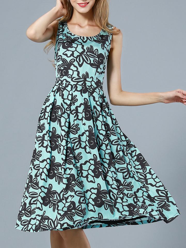 Romwe Green Round Neck Sleeveless Print Dress