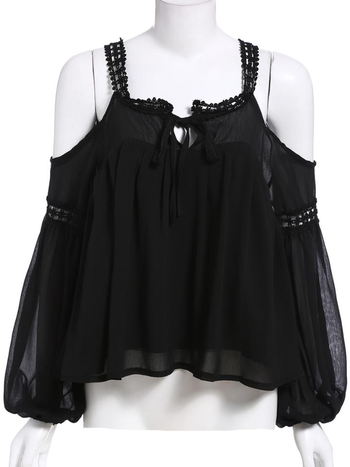 Romwe Off The Shoulder Puff Sleeve Hollow Black Top