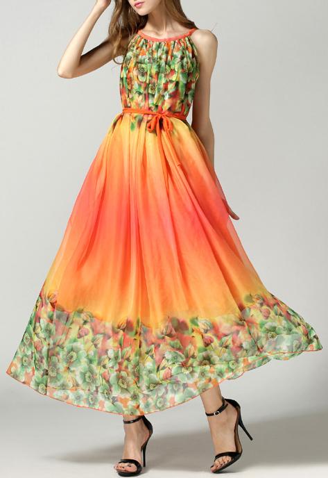 Romwe Spaghetti Strap With Belt Florals Chiffon Dress