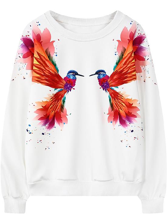 Romwe Bird Print White Sweatshirt