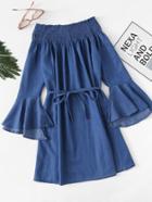 Romwe Off Shoulder Fluted Sleeve Tie Waist Dress