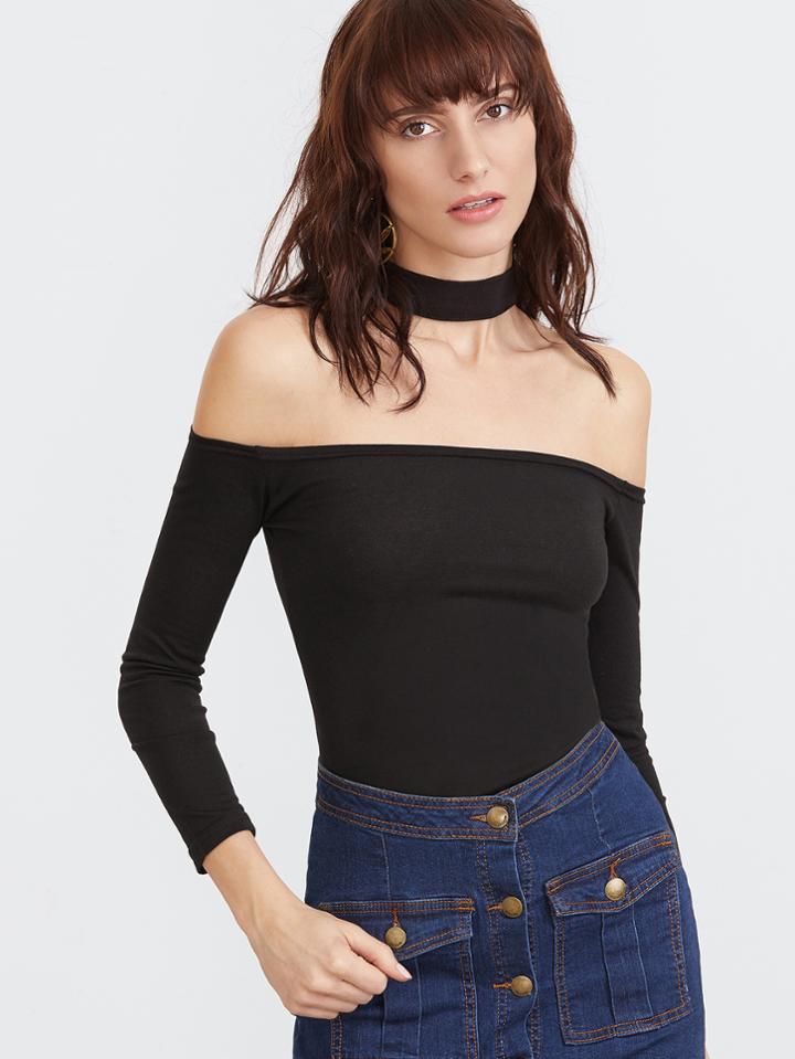 Romwe Black Choker Neck Tight T-shirt