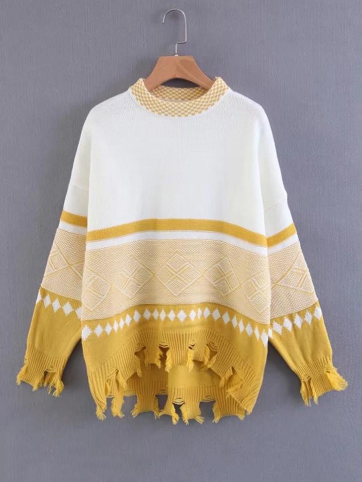 Romwe Two Tone Ripped Trim Sweater