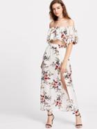 Romwe Flower Print Crop Swing Bardot Top With Slit Skirt