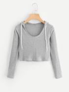 Romwe Scoop Neck Ribbed Hooded Sweater