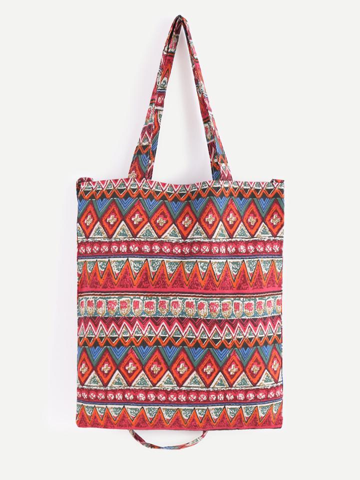 Romwe Red Tribal Print Double Layer Tote Bag With Convertible Strap