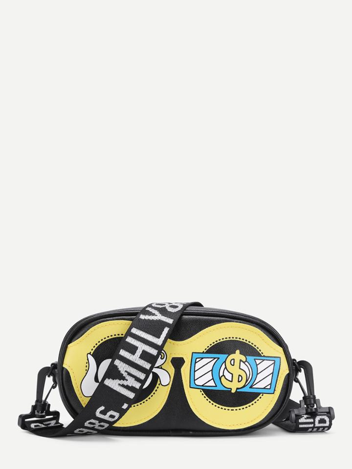 Romwe Glasses Pattern Pu Crossbody Bag With Guitar Strap
