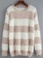 Romwe Round Neck Striped Shaggy Khaki Sweater