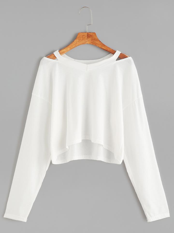 Romwe White Cut Out Neck Crop T-shirt