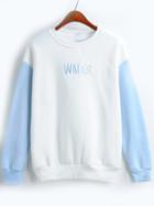 Romwe Letter Embroidered Loose Blue White Sweatshirt