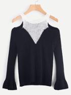Romwe Contrast Panel Open Shoulder Sweater