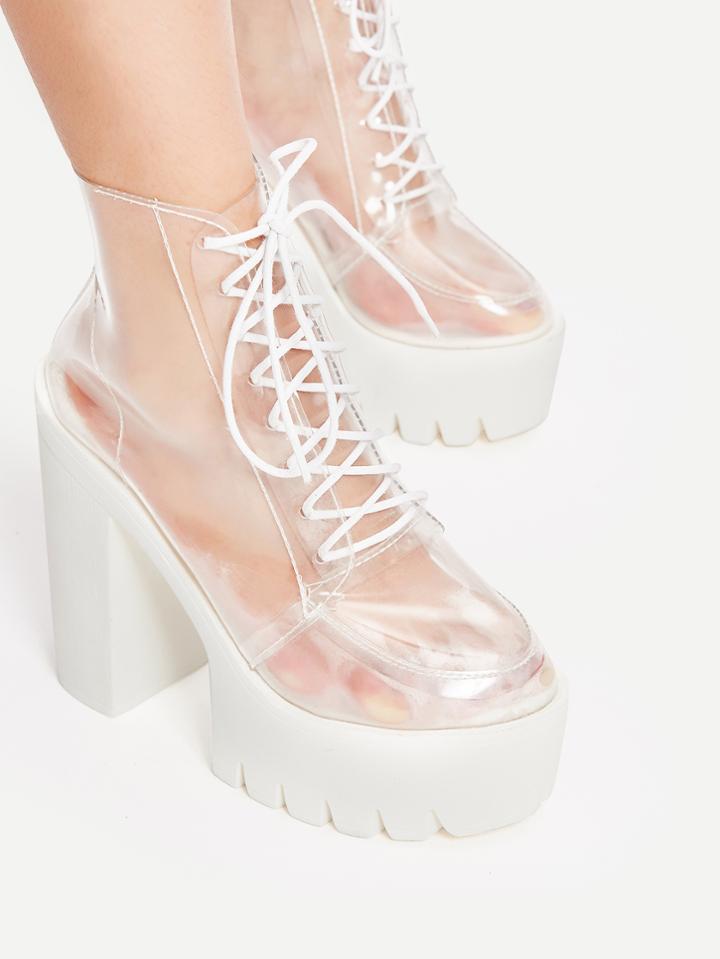 Romwe Clear Lace Up Chunky Heeled Ankle Boots