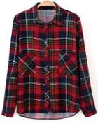 Romwe Check Print Pockets Red Blouse