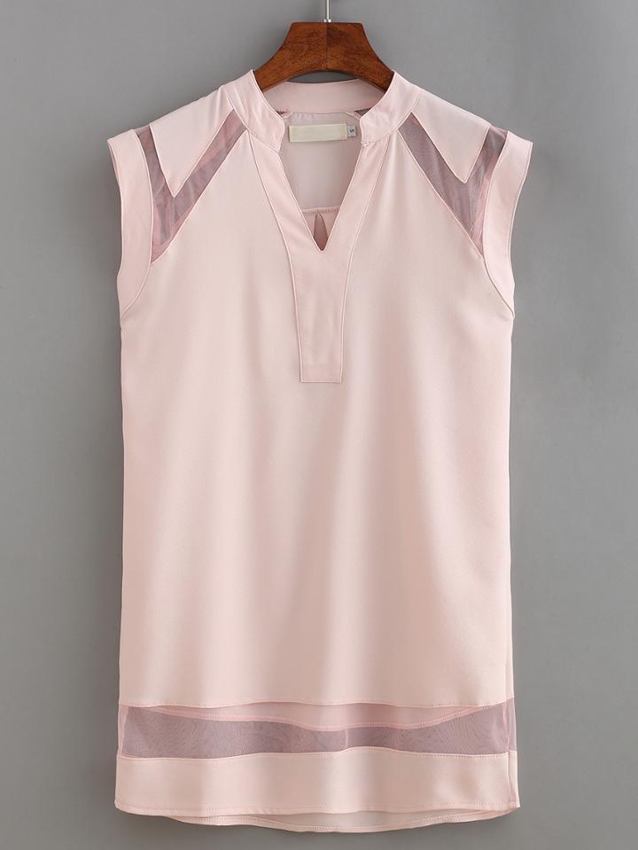 Romwe V-neck Mesh Insert Tank Top - Pink