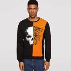 Romwe Guys Skull & Leopard Print Color Block Pullover