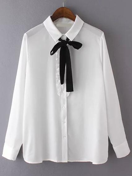 Romwe Tie Collar Frills White Blouse