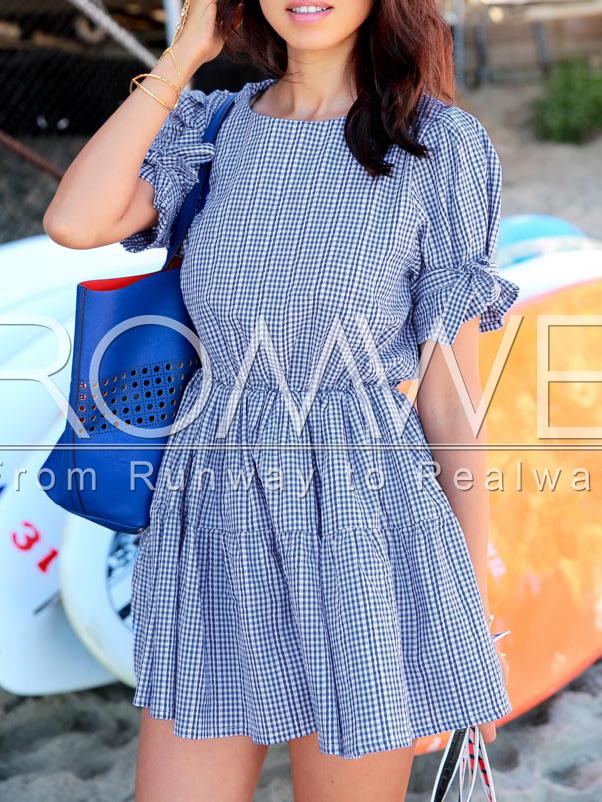 Romwe Navy White Plaid Puff Sleeve Flare Dress