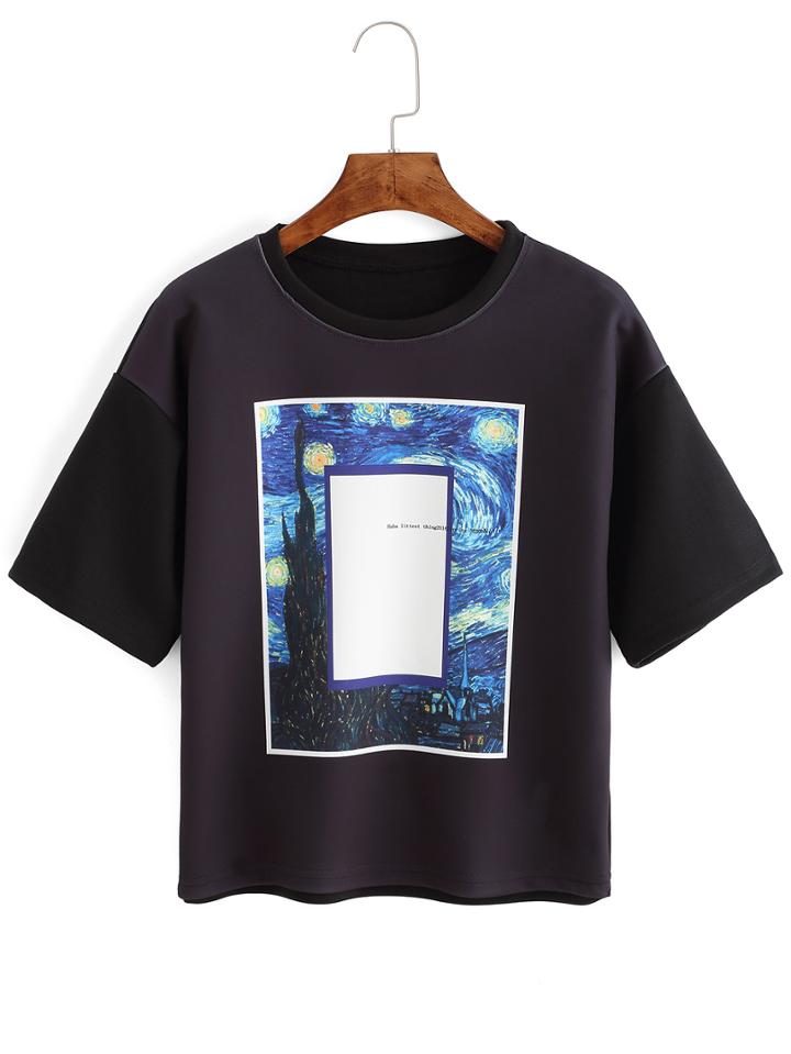 Romwe Tree Print Black T-shirt