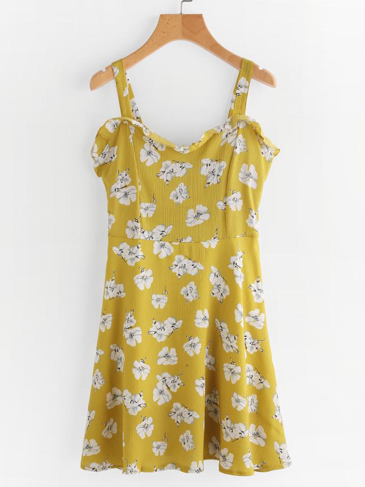 Romwe Floral Print Random Self Tie Back Cami Dress