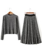 Romwe Grey Round Neck Ribbed Sweater With Pleated Skirt