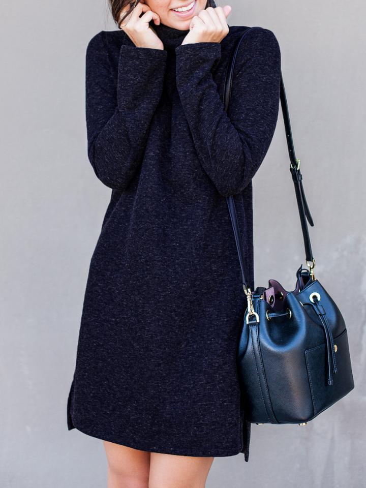 Romwe Navy High Neck Side Slit Dress