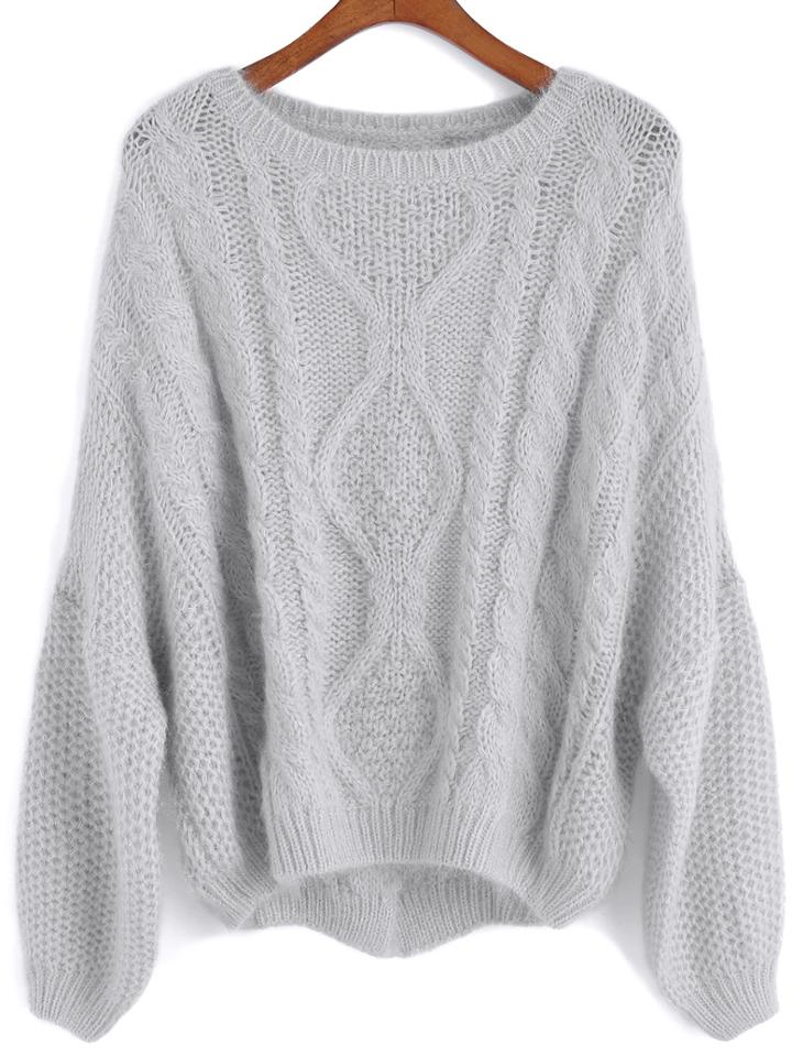Romwe Slit Cable Knit Dolman Grey Sweater