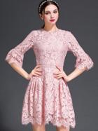 Romwe Pink Round Neck Bell Sleeve Lace Dress