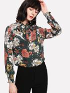 Romwe Flower Print Tie Neck Blouse