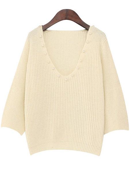 Romwe V Neck Bead Beige Sweater